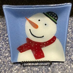 TAG Fused Art Glass Christmas 5" Square SNOWMAN Trinket Candy Dish Plate